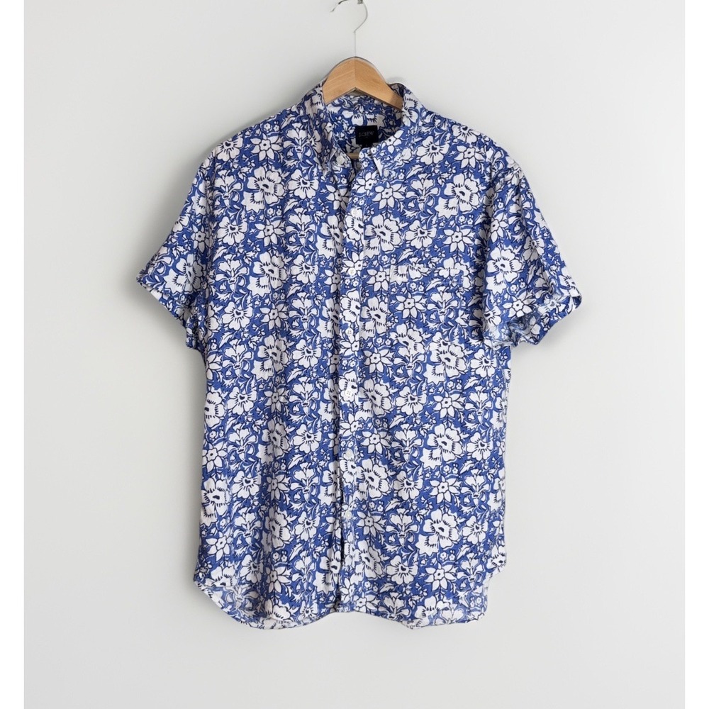 J. Crew Camp Shirt Blue Floral Short Sleeve Linen Blend Size L Button Collar